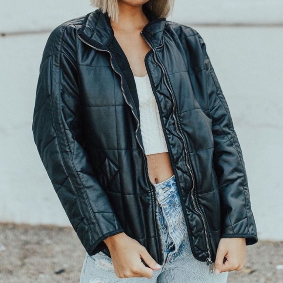 NWT Free People Quilted Vegan Leather Bomber Jacket in Black - Picture 6 of 16